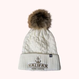 Halifax White Cable Knit Pom-Pom Beanie Women's Adult One Size Acrylic